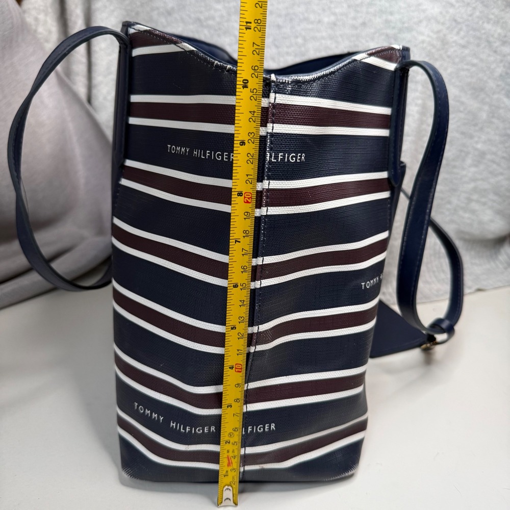 Tommy Hilfiger Navy Blue Red White Striped 13" Tote Bag Card Holder Pockets - Picture 4 of 16